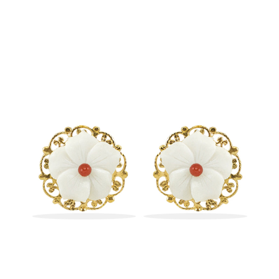 Porcelain Flower Stud Red Coral Earrings (MME-304)