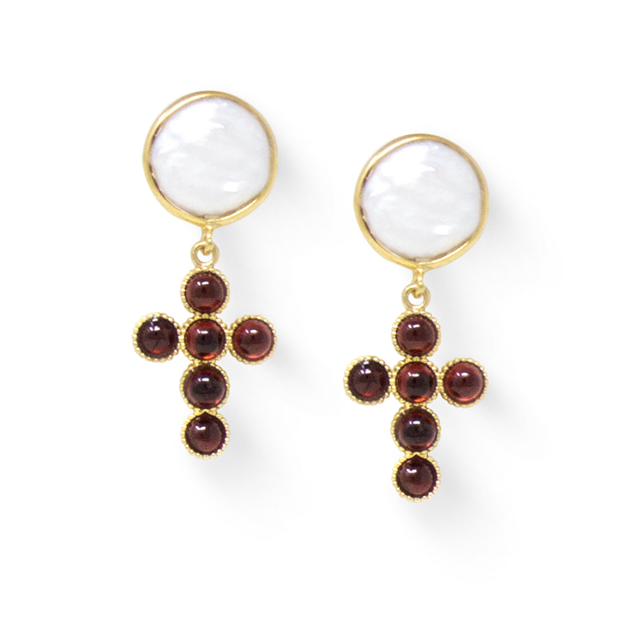 Akoya Pearl Garnet Cross Earrings (HPE-101)