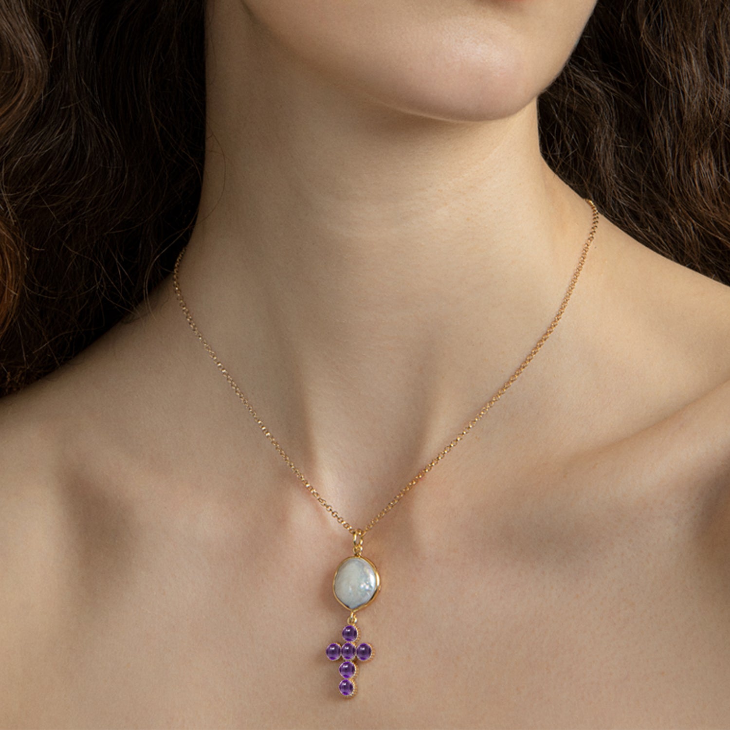 Akoya Pearl Amethyst Cross Necklace (HPN-106)